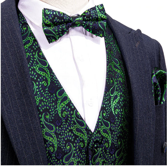Men's Green Floral Silk Vest Bow tie Pocket square Cufflinks Set.MJ-2073 - SimonVon Shop
