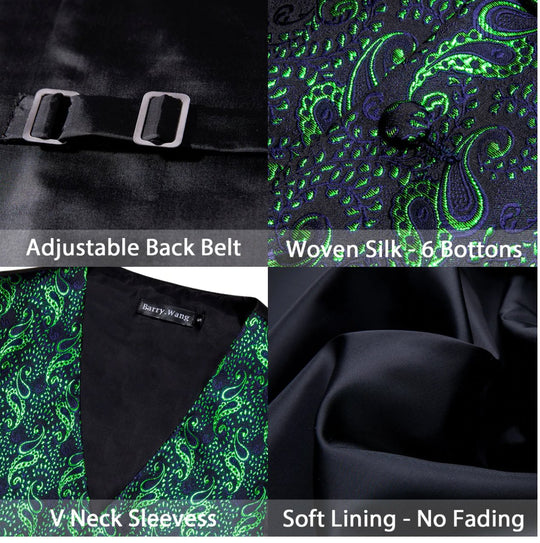 Men's Green Floral Silk Vest Bow tie Pocket square Cufflinks Set.MJ-2073 - SimonVon Shop