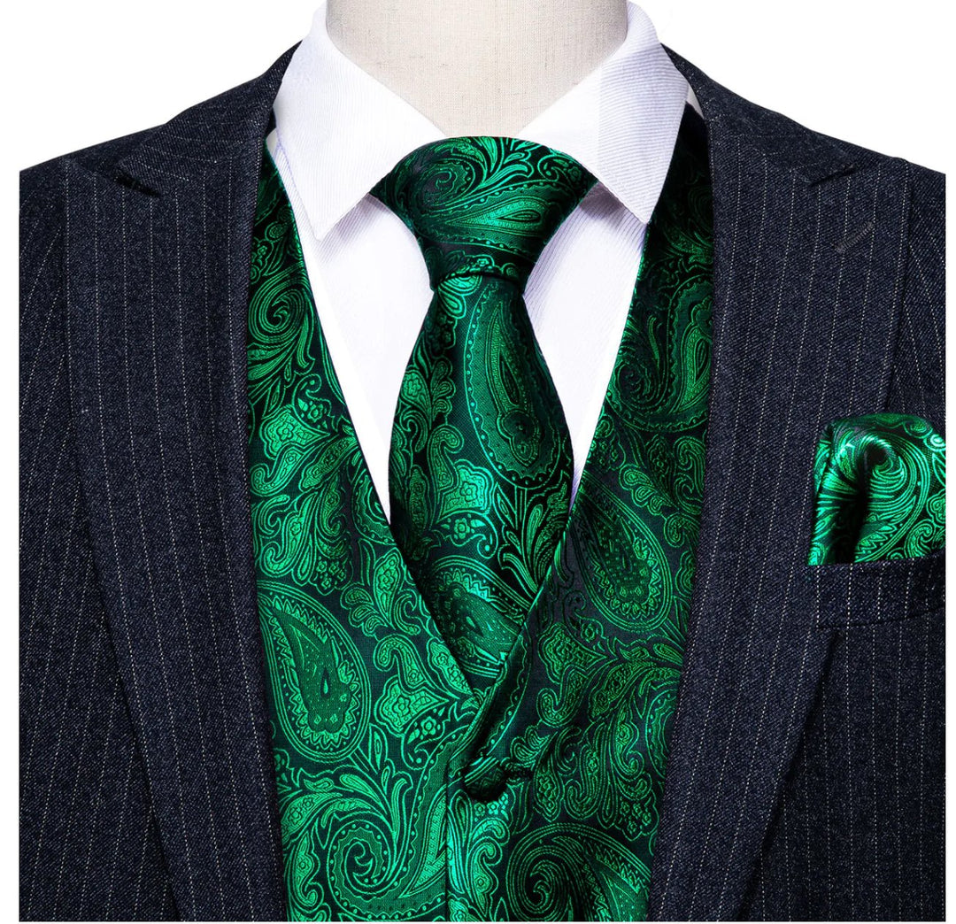 Men's Green Paisley Silk Vest Necktie Pocket square Cufflinks- MJ-2518 - SimonVon Shop