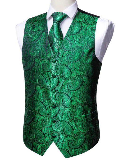 Men's Green Paisley Silk Vest Necktie Pocket square Cufflinks- MJ-2518 - SimonVon Shop