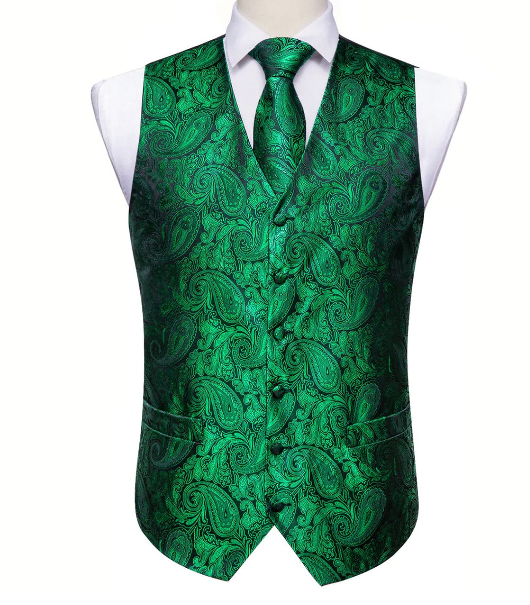 Men's Green Paisley Silk Vest Necktie Pocket square Cufflinks- MJ-2518 - SimonVon Shop