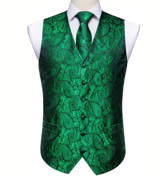 Men's Green Paisley Silk Vest Necktie Pocket square Cufflinks- MJ-2518 - SimonVon Shop