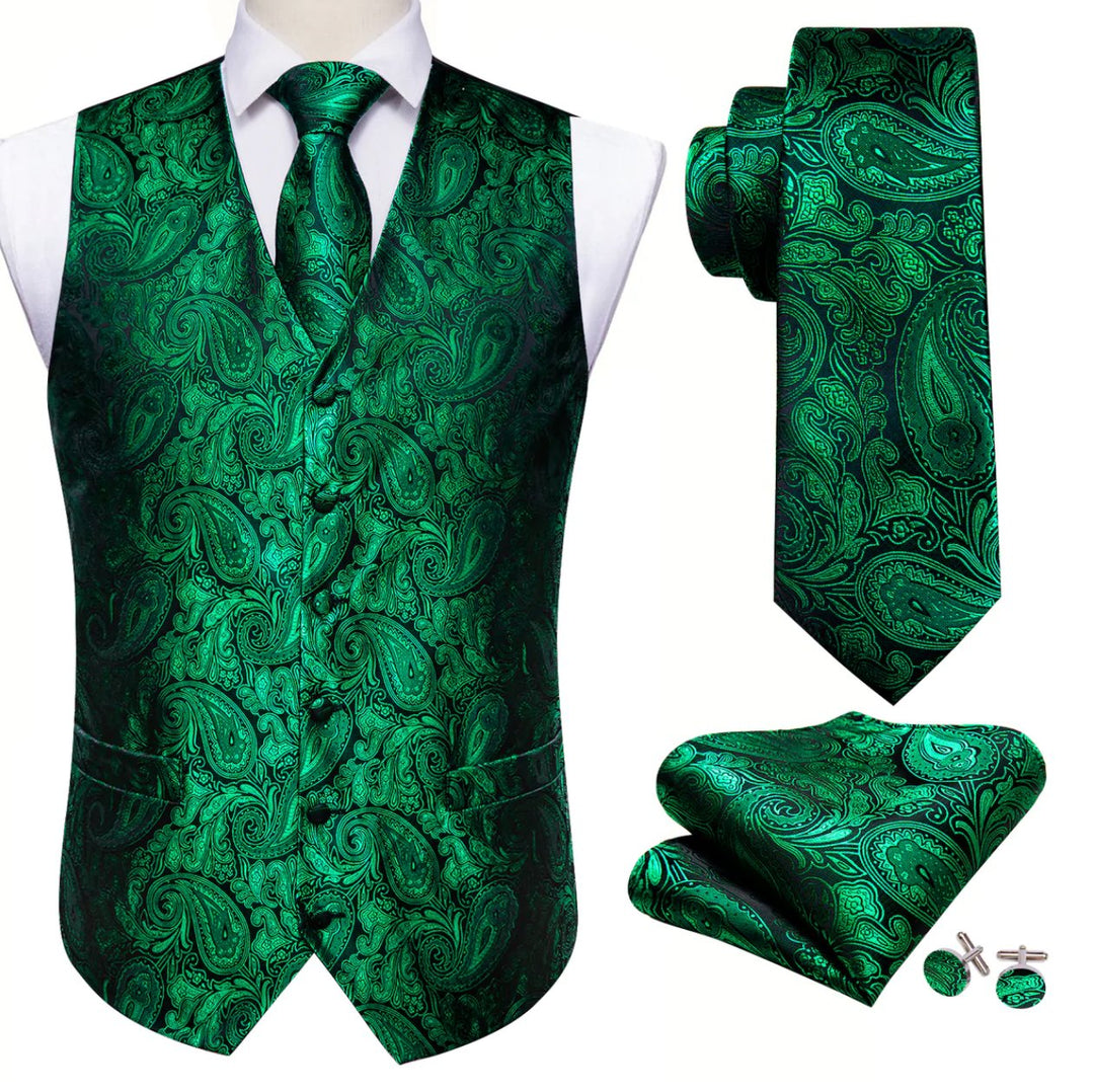 Men's Green Paisley Silk Vest Necktie Pocket square Cufflinks- MJ-2518 - SimonVon Shop