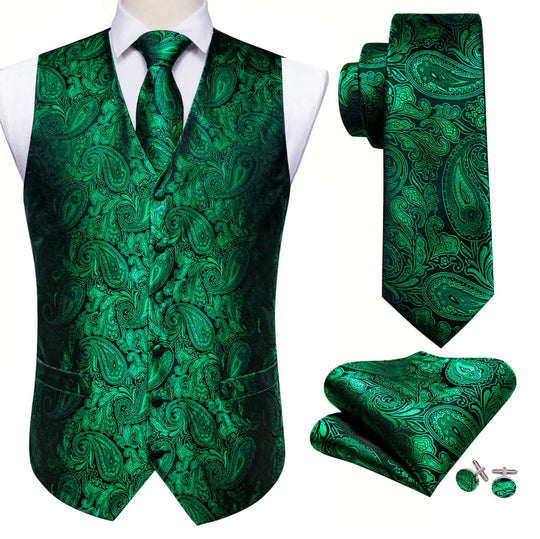 Men's Green Paisley Silk Vest Necktie Pocket square Cufflinks- MJ-2518 - SimonVon Shop