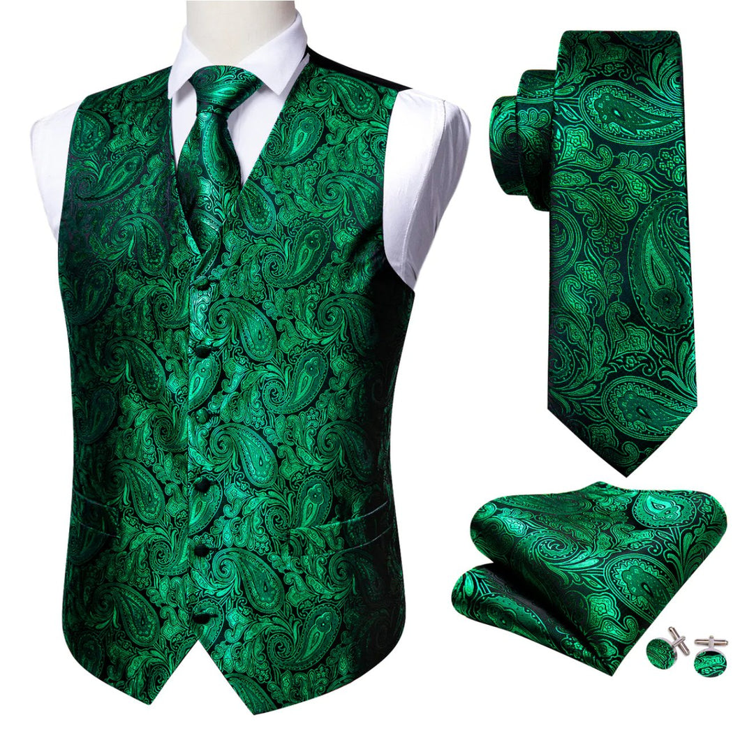 Men's Green Paisley Silk Vest Necktie Pocket square Cufflinks- MJ-2518 - SimonVon Shop