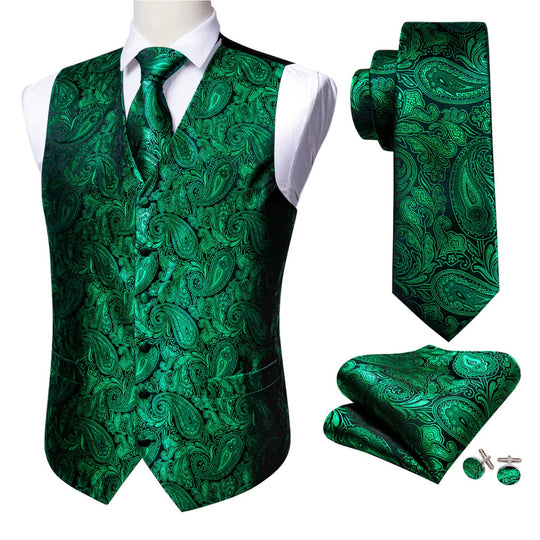Men's Green Paisley Silk Vest Necktie Pocket square Cufflinks- MJ-2518 - SimonVon Shop
