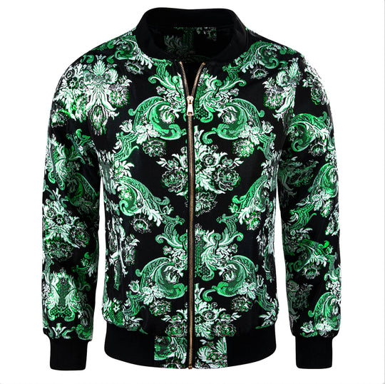 Mens Green White Floral Jacquard Paisley Lightweight Zip Jacket Casual-JK-0005 - SimonVon Shop