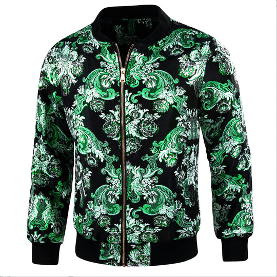 Mens Green White Floral Jacquard Paisley Lightweight Zip Jacket Casual-JK-0005 - SimonVon Shop