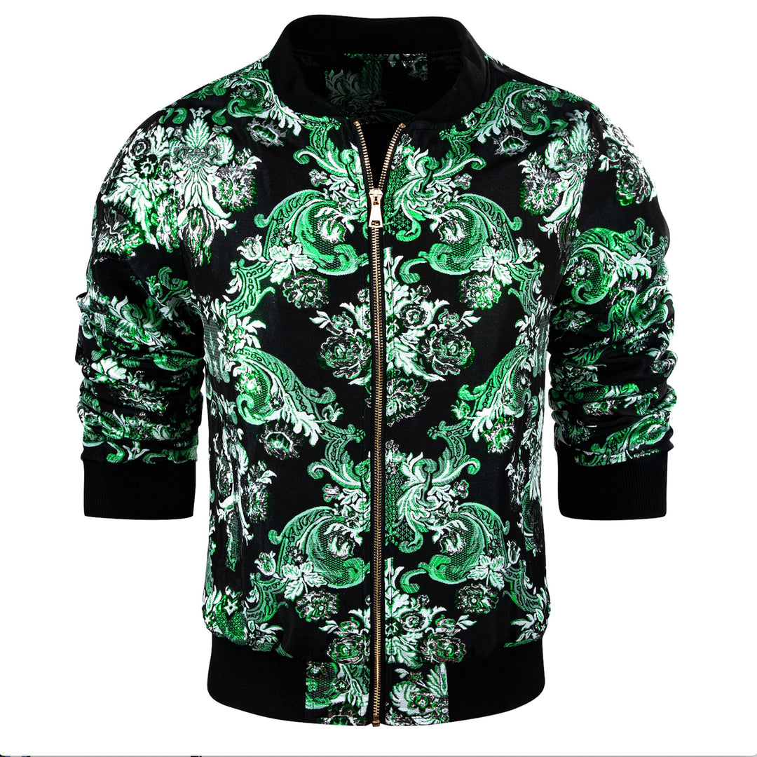 Mens Green White Floral Jacquard Paisley Lightweight Zip Jacket Casual-JK-0005 - SimonVon Shop