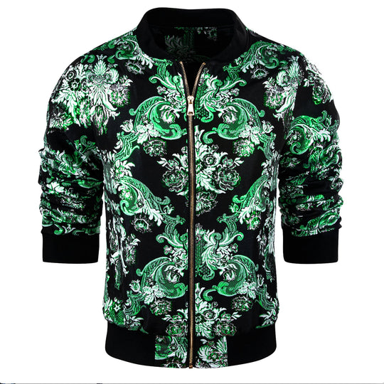 Mens Green White Floral Jacquard Paisley Lightweight Zip Jacket Casual-JK-0005 - SimonVon Shop