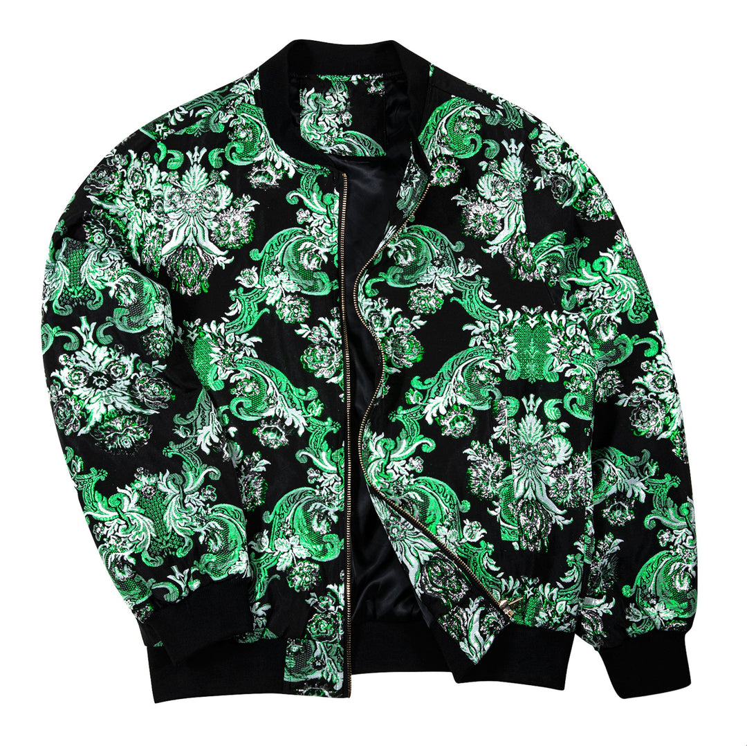 Mens Green White Floral Jacquard Paisley Lightweight Zip Jacket Casual-JK-0005 - SimonVon Shop