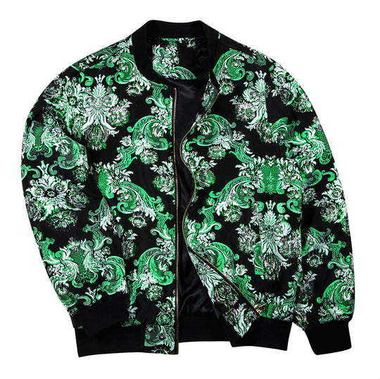 Mens Green White Floral Jacquard Paisley Lightweight Zip Jacket Casual-JK-0005 - SimonVon Shop