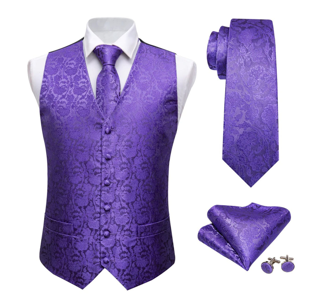Men's Lavender Purple Floral Silk Vest Necktie Pocket square Cufflinks-MJ-2021 - SimonVon Shop