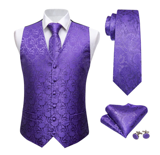 Men's Lavender Purple Floral Silk Vest Necktie Pocket square Cufflinks-MJ-2021 - SimonVon Shop