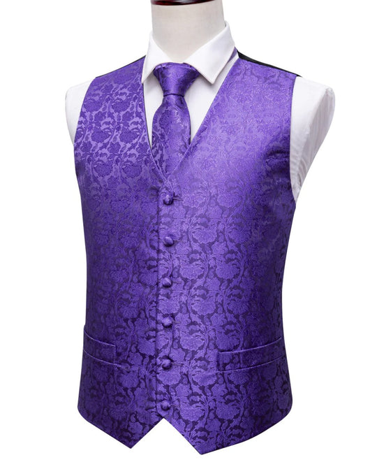 Men's Lavender Purple Floral Silk Vest Necktie Pocket square Cufflinks-MJ-2021 - SimonVon Shop