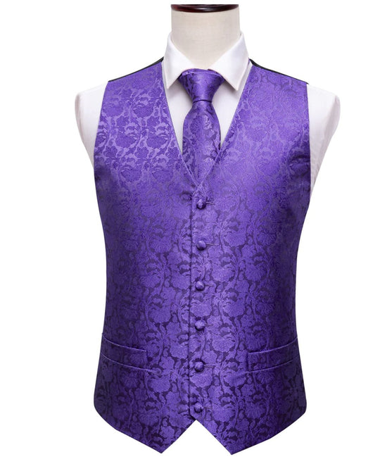 Men's Lavender Purple Floral Silk Vest Necktie Pocket square Cufflinks-MJ-2021 - SimonVon Shop