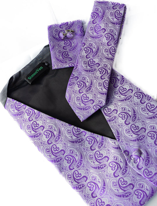 Men's Light Purple Paisley Silk Vest Necktie Pocket square Cufflinks- MJ-2097 - SimonVon Shop