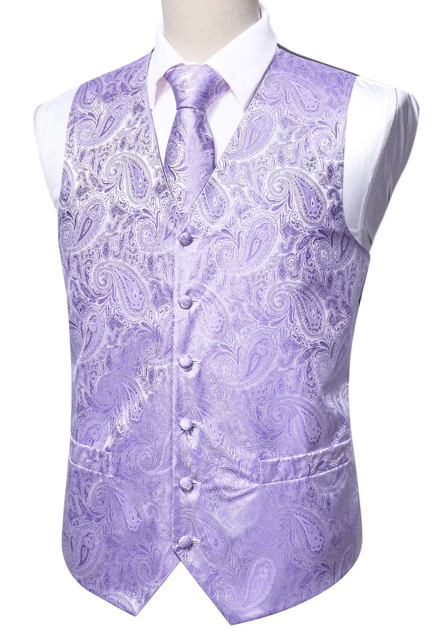 Men's Light Purple Paisley Silk Vest Necktie Pocket square Cufflinks- MJ-2097 - SimonVon Shop