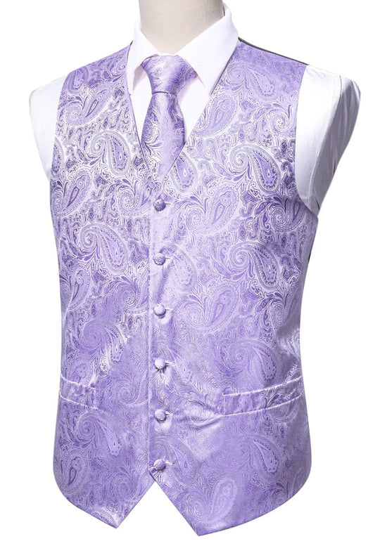 Men's Light Purple Paisley Silk Vest Necktie Pocket square Cufflinks- MJ-2097 - SimonVon Shop
