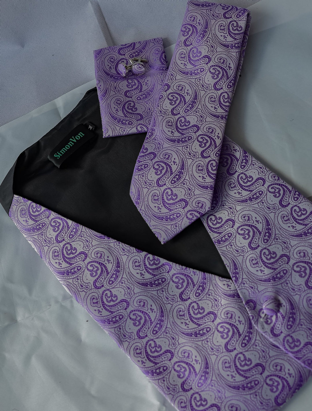 Men's Light Purple Paisley Silk Vest Necktie Pocket square Cufflinks- MJ-2097 - SimonVon Shop