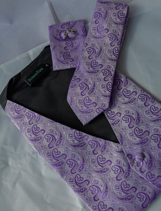 Men's Light Purple Paisley Silk Vest Necktie Pocket square Cufflinks- MJ-2097 - SimonVon Shop