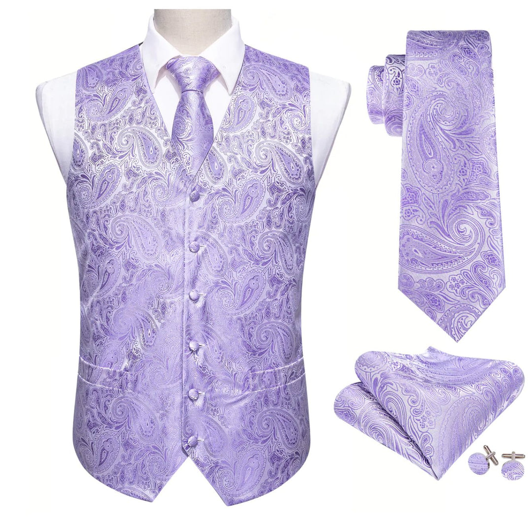 Men's Light Purple Paisley Silk Vest Necktie Pocket square Cufflinks- MJ-2097 - SimonVon Shop