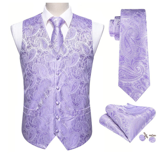 Men's Light Purple Paisley Silk Vest Necktie Pocket square Cufflinks- MJ-2097 - SimonVon Shop