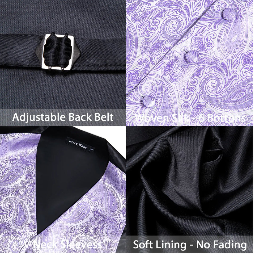 Men's Light Purple Paisley Silk Vest Necktie Pocket square Cufflinks- MJ-2097 - SimonVon Shop
