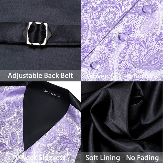 Men's Light Purple Paisley Silk Vest Necktie Pocket square Cufflinks- MJ-2097 - SimonVon Shop