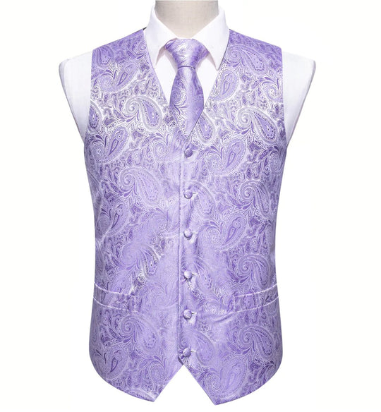 Men's Light Purple Paisley Silk Vest Necktie Pocket square Cufflinks- MJ-2097 - SimonVon Shop