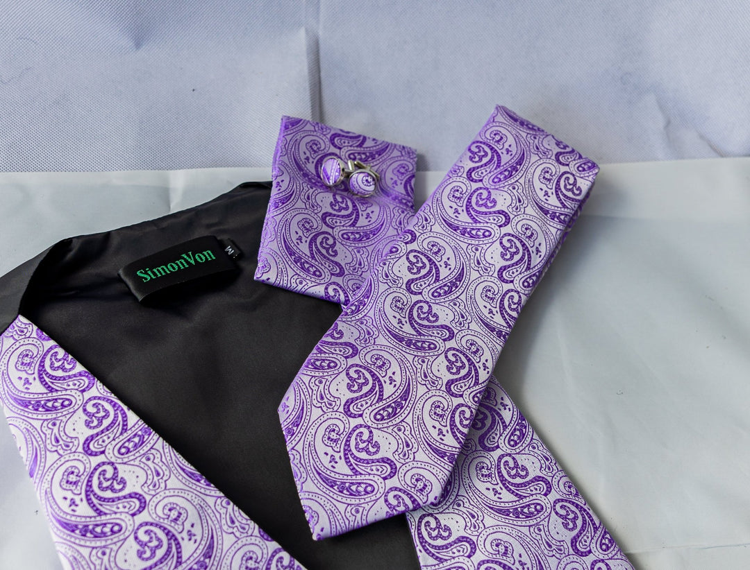 Men's Light Purple Paisley Silk Vest Necktie Pocket square Cufflinks- MJ-2097 - SimonVon Shop