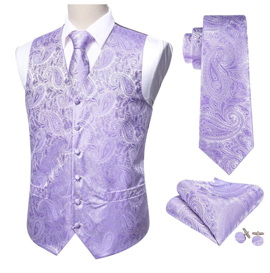 Men's Light Purple Paisley Silk Vest Necktie Pocket square Cufflinks- MJ-2097 - SimonVon Shop