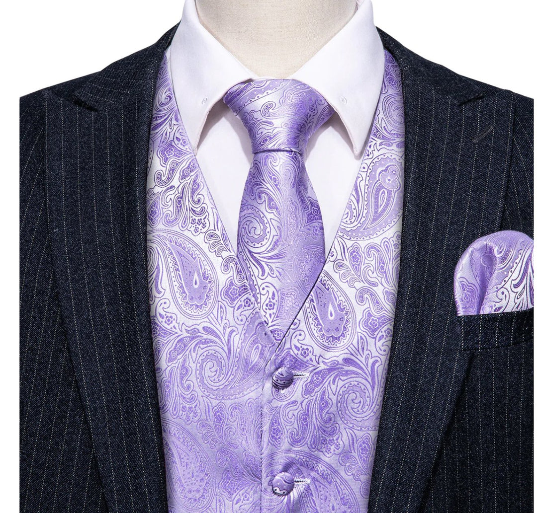 Men's Light Purple Paisley Silk Vest Necktie Pocket square Cufflinks- MJ-2097 - SimonVon Shop