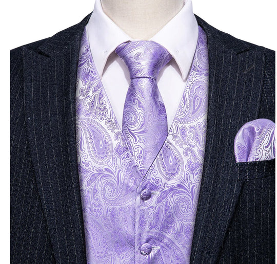 Men's Light Purple Paisley Silk Vest Necktie Pocket square Cufflinks- MJ-2097 - SimonVon Shop