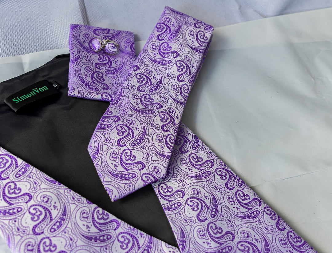 Men's Light Purple Paisley Silk Vest Necktie Pocket square Cufflinks- MJ-2097 - SimonVon Shop