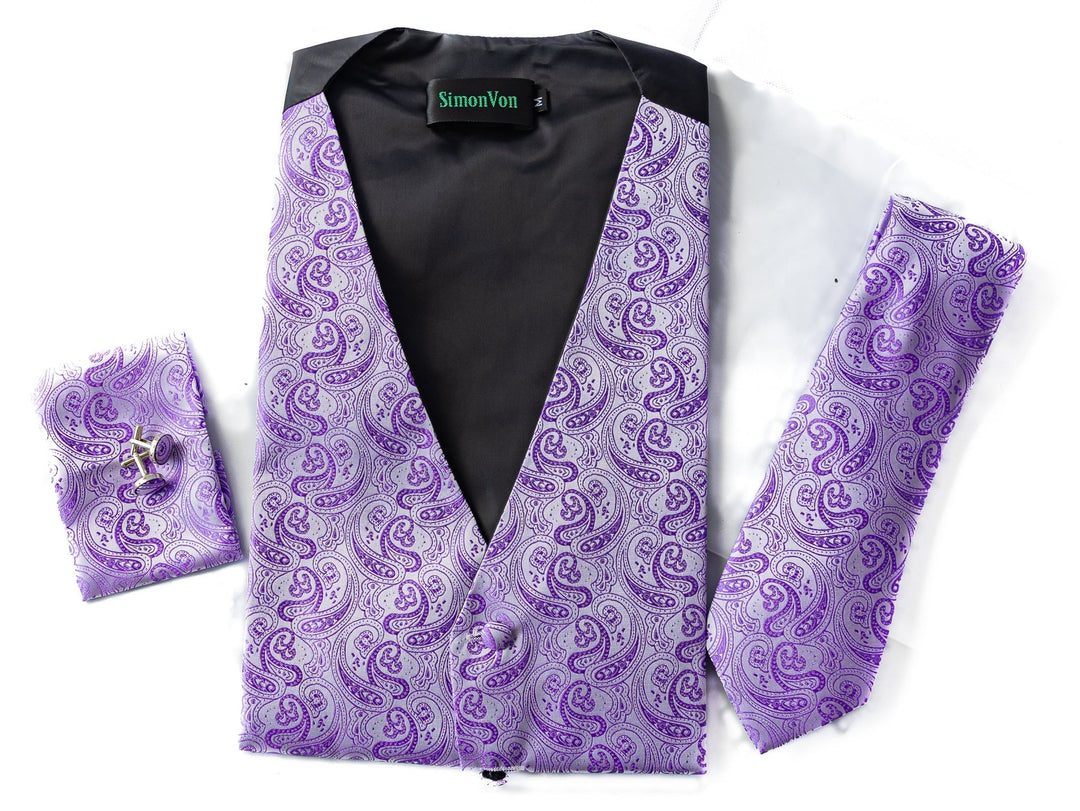 Men's Light Purple Paisley Silk Vest Necktie Pocket square Cufflinks- MJ-2097 - SimonVon Shop