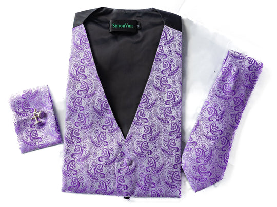 Men's Light Purple Paisley Silk Vest Necktie Pocket square Cufflinks- MJ-2097 - SimonVon Shop