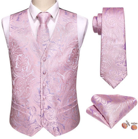 Men's Pink Paisley Silk Vest Necktie Pocket square Cufflinks - MJ-2067 - SimonVon Shop
