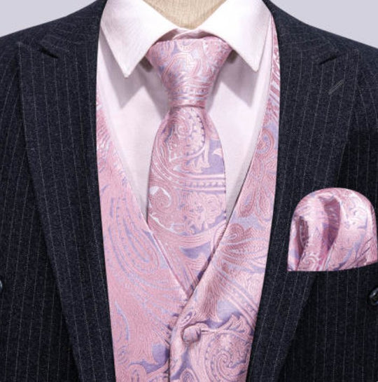 Men's Pink Paisley Silk Vest Necktie Pocket square Cufflinks - MJ-2067 - SimonVon Shop