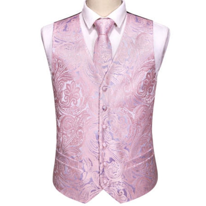 Men's Pink Paisley Silk Vest Necktie Pocket square Cufflinks - MJ-2067 - SimonVon Shop