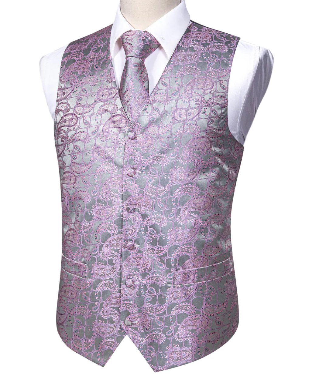Men's Pink Silver Floral Silk Vest Necktie Pocket square Cufflinks-MJ-2520 - SimonVon Shop
