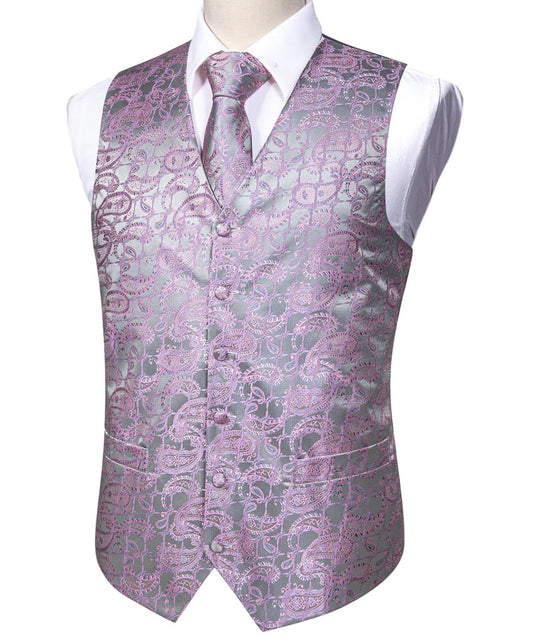 Men's Pink Silver Floral Silk Vest Necktie Pocket square Cufflinks-MJ-2520 - SimonVon Shop