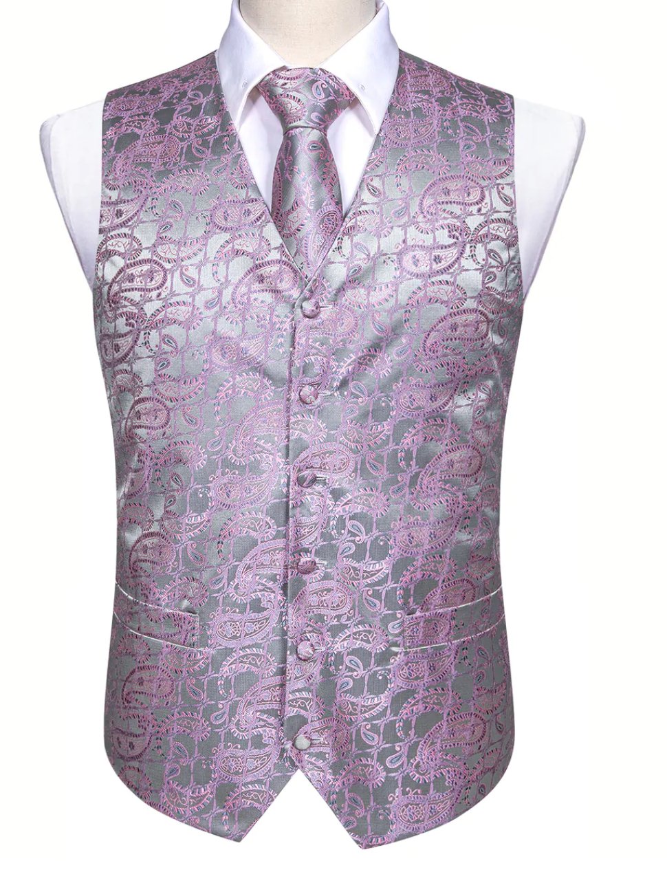 Men's Pink Silver Floral Silk Vest Necktie Pocket square Cufflinks-MJ-2520 - SimonVon Shop