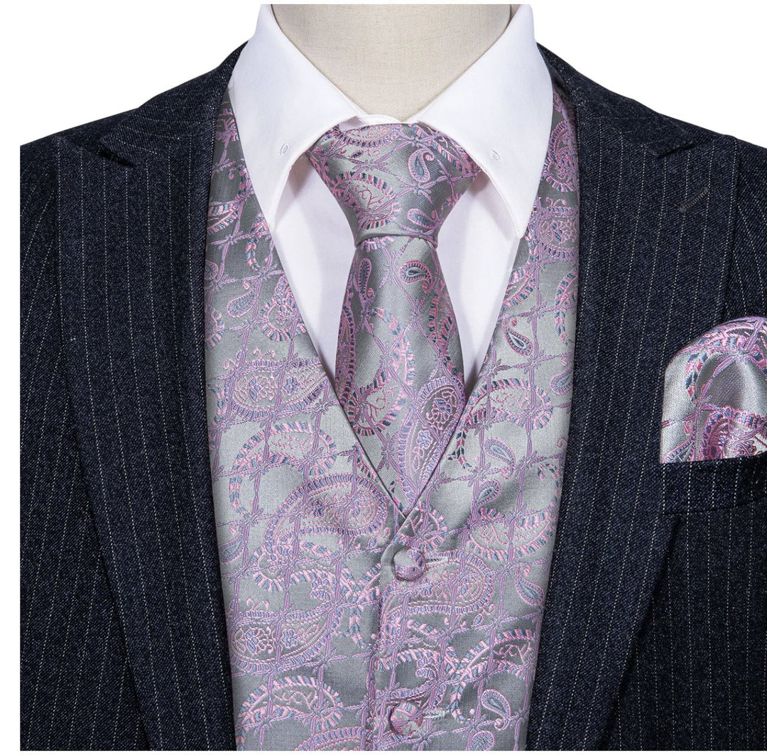 Men's Pink Silver Floral Silk Vest Necktie Pocket square Cufflinks-MJ-2520 - SimonVon Shop