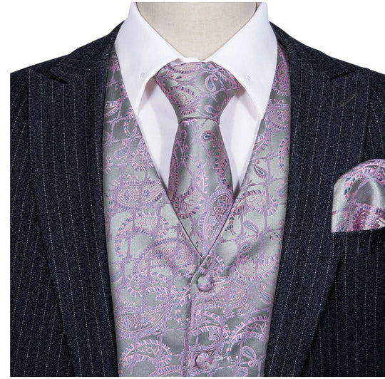 Men's Pink Silver Floral Silk Vest Necktie Pocket square Cufflinks-MJ-2520 - SimonVon Shop