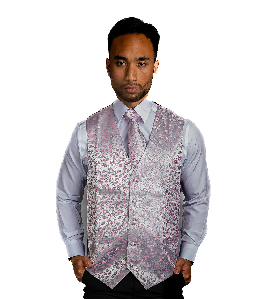 Men's Pink White Flower Silk Vest Necktie Pocket square Cufflinks- MJ-2089 - SimonVon Shop
