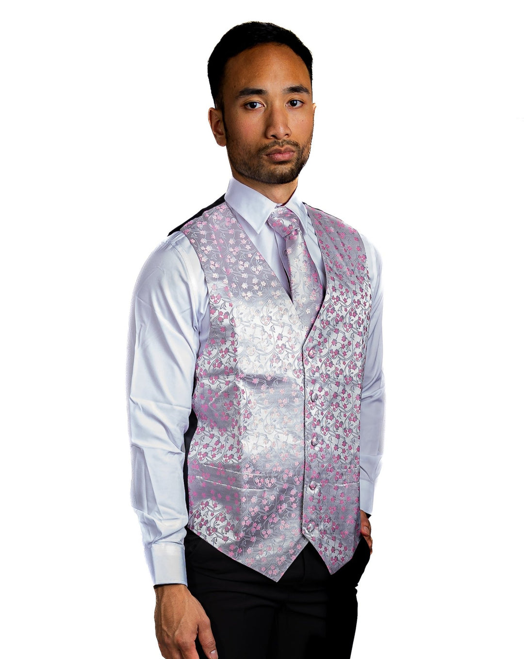 Men's Pink White Flower Silk Vest Necktie Pocket square Cufflinks- MJ-2089 - SimonVon Shop