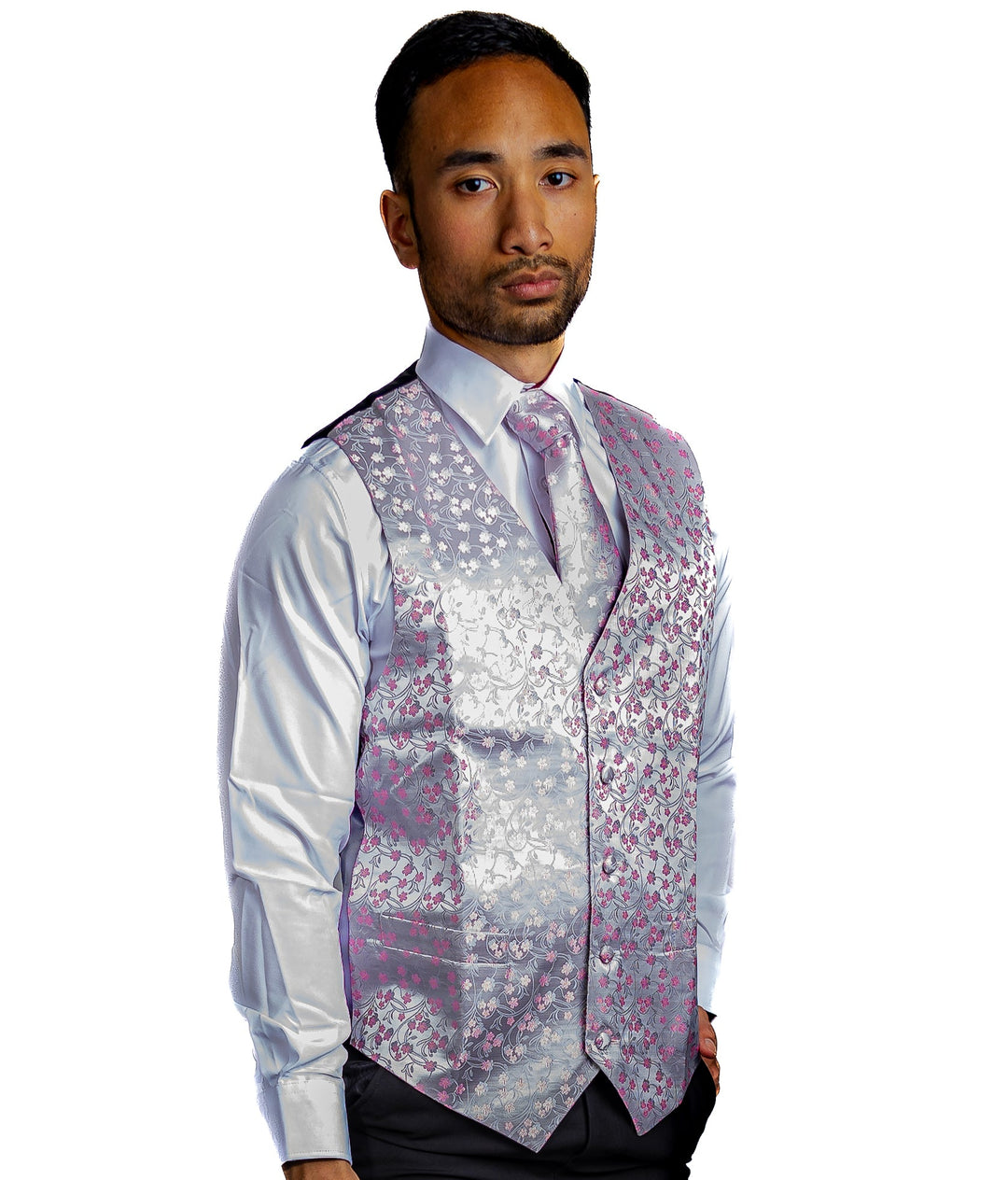 Men's Pink White Flower Silk Vest Necktie Pocket square Cufflinks- MJ-2089 - SimonVon Shop