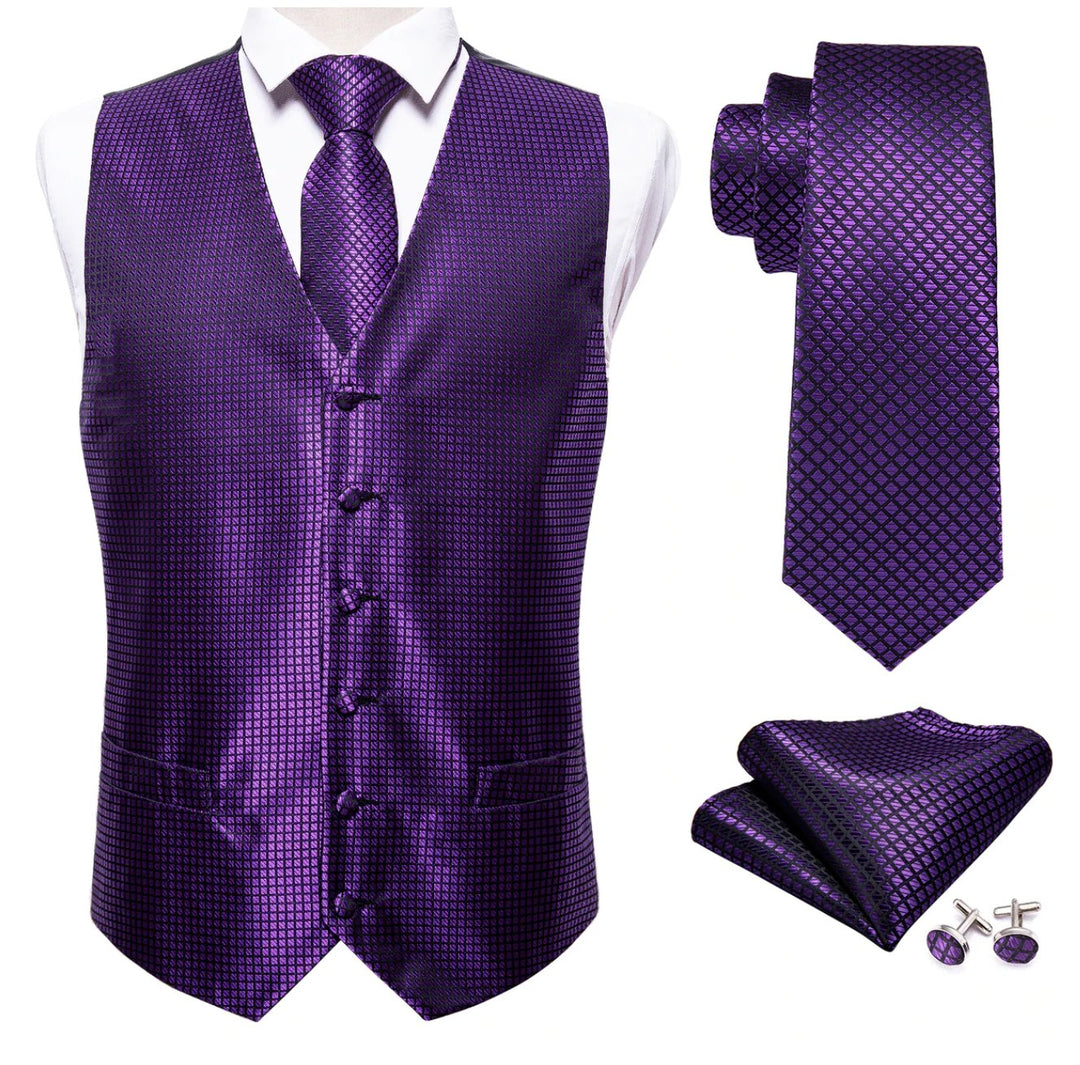Men's Purple Plaid Silk Vest Necktie Pocket square Cufflinks.MJ-2026 - SimonVon Shop