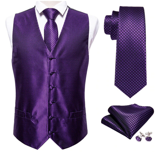 Men's Purple Plaid Silk Vest Necktie Pocket square Cufflinks.MJ-2026 - SimonVon Shop